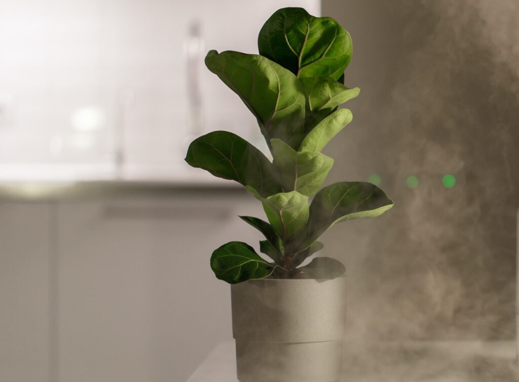 Hand turn on air humidifier on the table at home