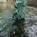 Close up view of waterproof pants boots